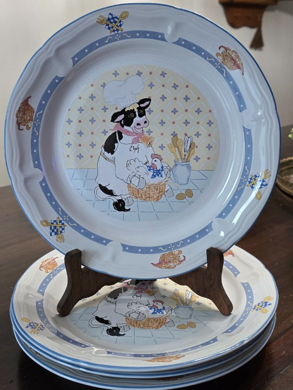 Vintage 1994 Newcor Kitchen Kow Stoneware Dinner Plates - Set of 4 Cow Chef